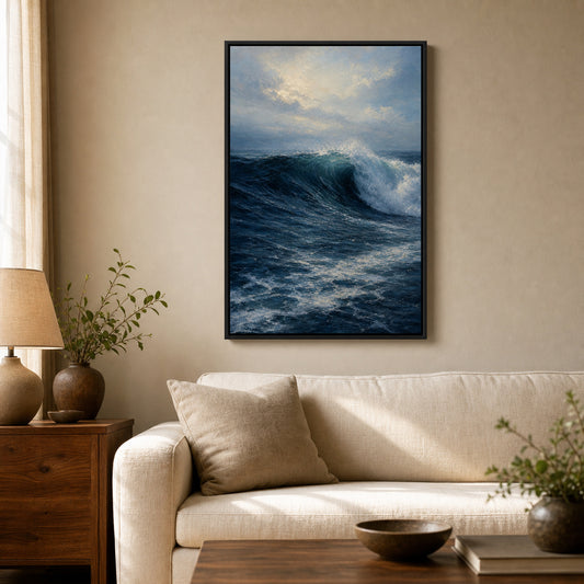 Dramatic Ocean Wave Floater Frame Canvas Wall Art — room scene in a black floater frame
