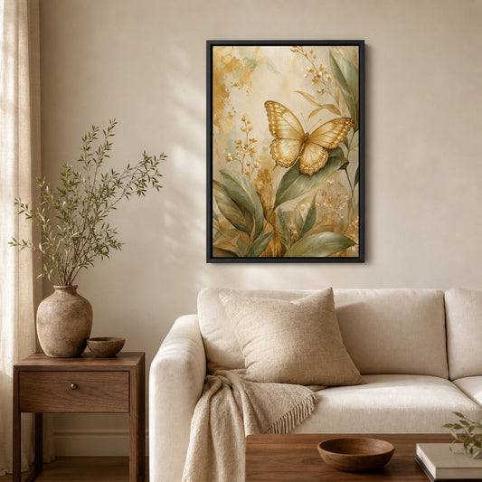 Golden Butterfly Botanical floater frame canvas in interior wall scene