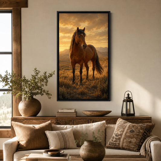 Western Horse floater frame canvas in interior wall scene