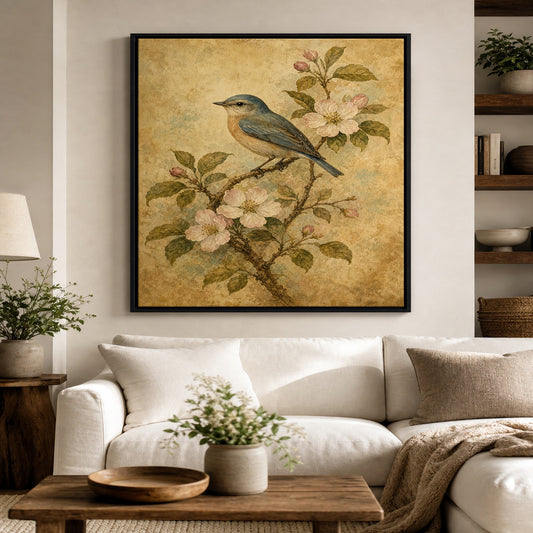 Vintage Botanical Bird Floater Frame Canvas Wall Art — room scene in a black floater frame