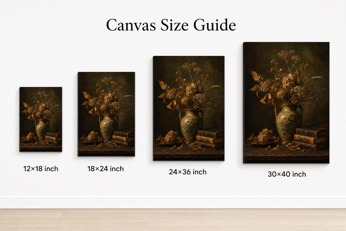 Dark Vintage Ceramic Vase Still Life Canvas Wall Art - 08_size_comparison