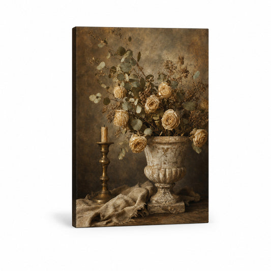 Vintage Botanical Stone Urn Still Life Canvas Wall Art - floral wall decor by AUSJOJO