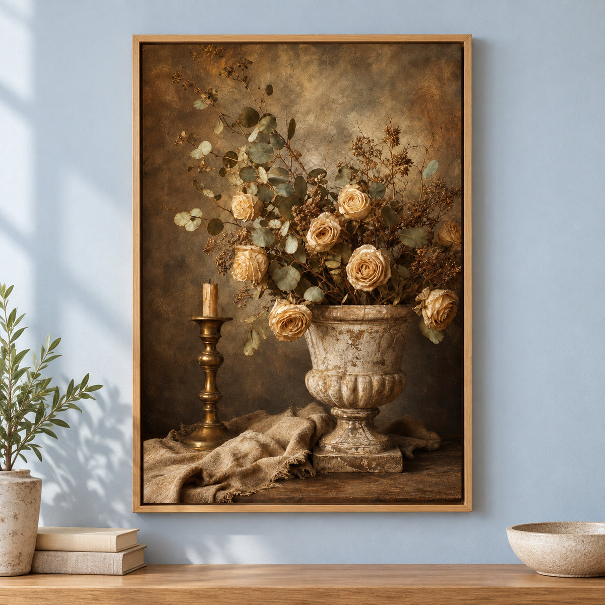 Vintage Botanical Stone Urn Still Life Canvas Wall Art | brown_independent_close