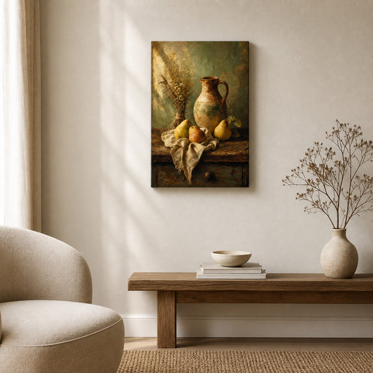 Rustic Kitchen Pear Crock Still Life Canvas Wall Art — room scene