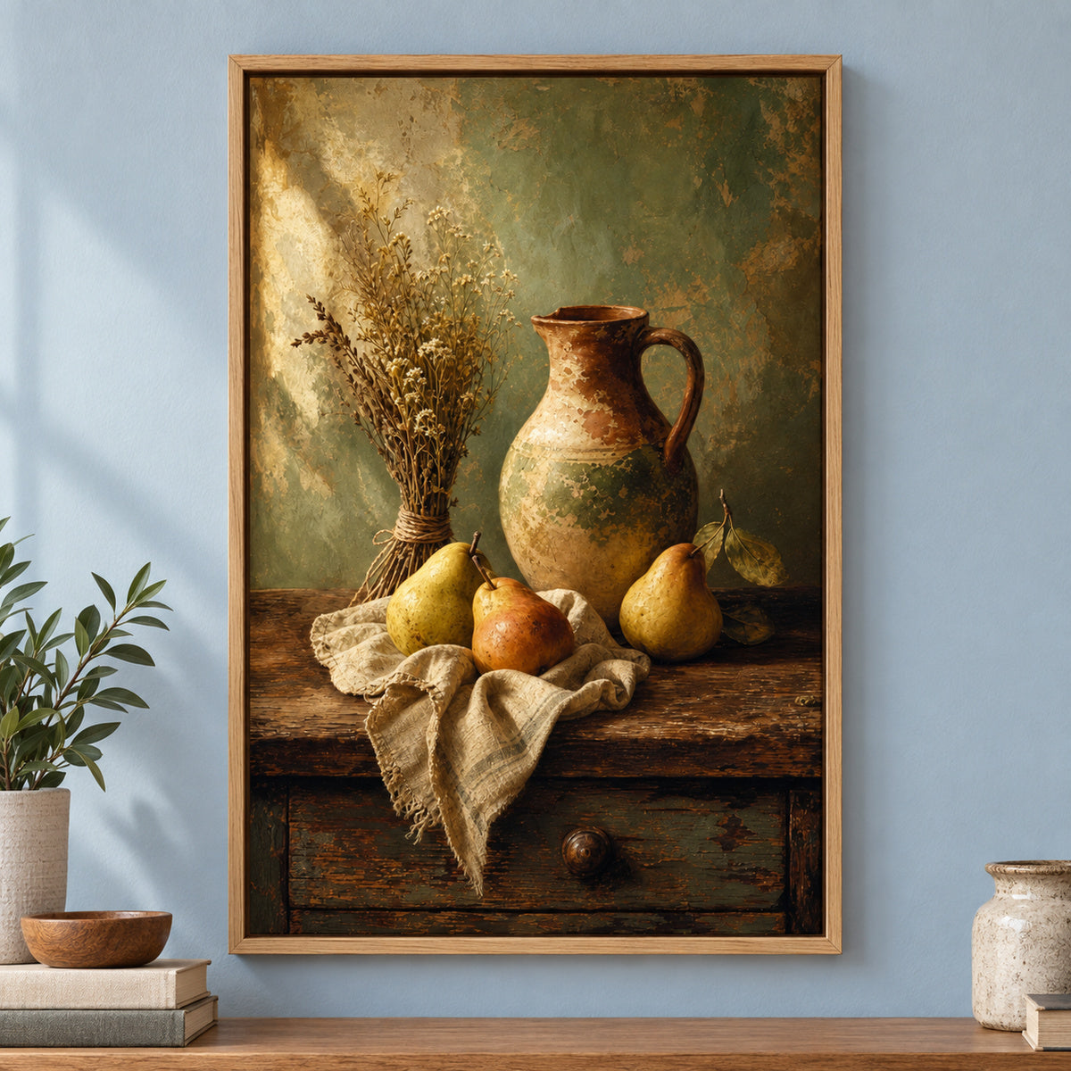 Rustic Kitchen Pear Crock Still Life Canvas Wall Art | brown_independent_close