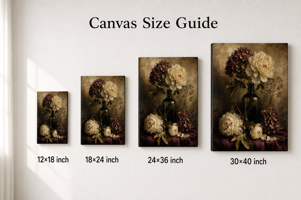 Antique Floral Hydrangea Peony Still Life Canvas Wall Art - 08_size_comparison