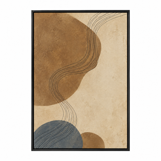Beige Brown Contour Flow Abstract Canvas Wall Art with black floater frame — styled room view, image 2