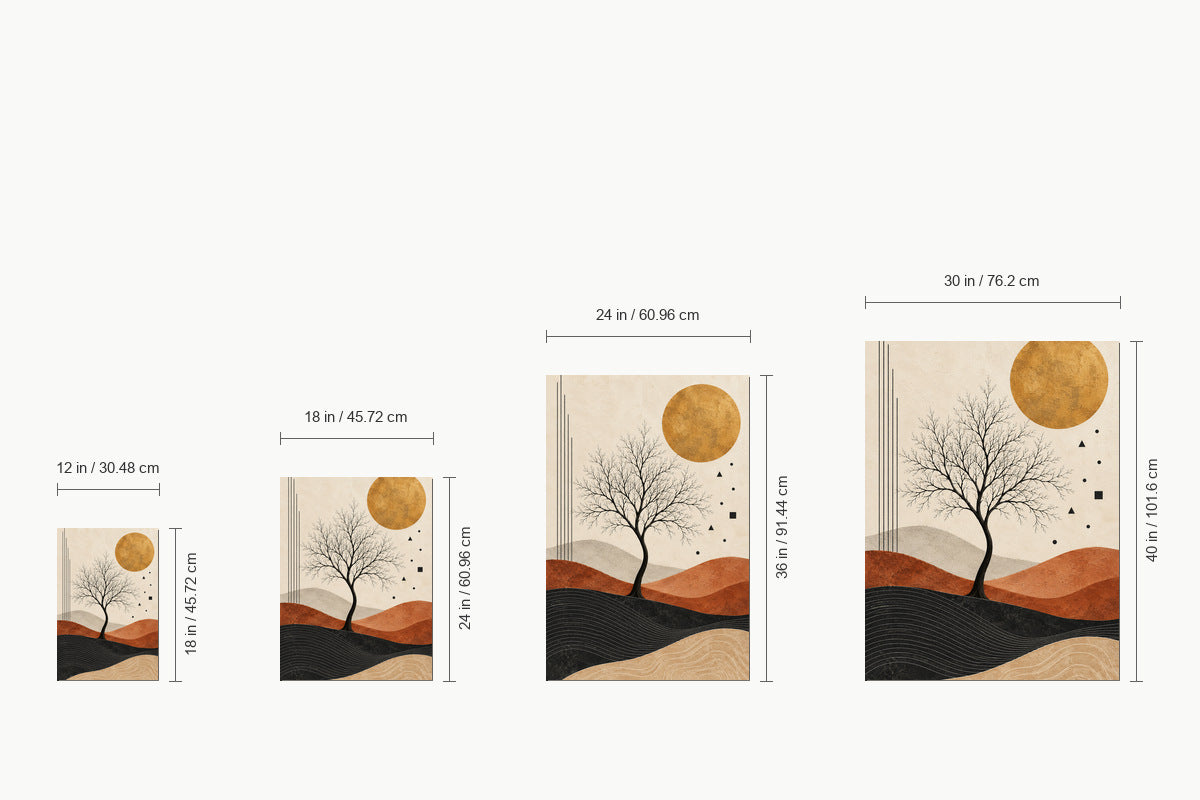 Black Tree and Ochre Sun Abstract — size comparison guide | AUSJOJO