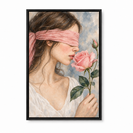 Blindfold Woman with Pink Rose Watercolor — Black Frame finish product view | AUSJOJO