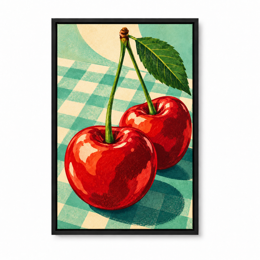 Two Red Cherries on Checkerboard — Black Frame finish product view | AUSJOJO