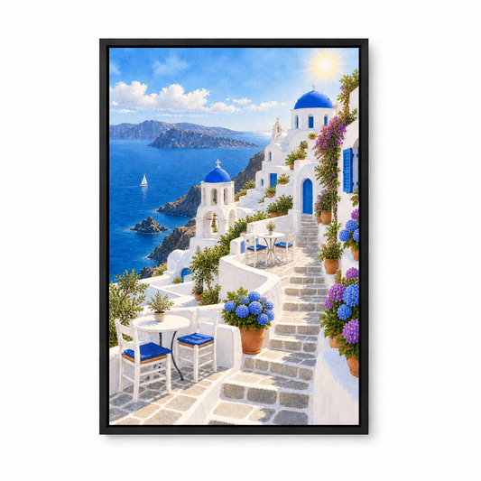 Greek Blue Dome Church Terrace — Black Frame finish product view | AUSJOJO