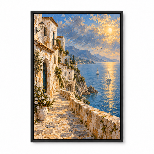 Mediterranean Seaside White Houses — Black Frame finish product view | AUSJOJO