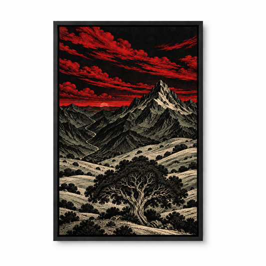 Crimson Mountain Woodcut Landscape — Black Frame finish product view | AUSJOJO