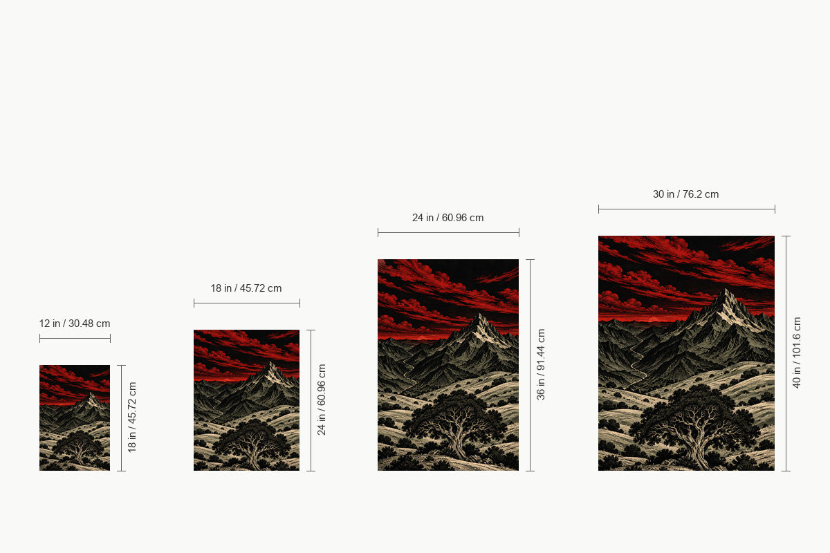 Crimson Mountain Woodcut Landscape — size comparison guide | AUSJOJO