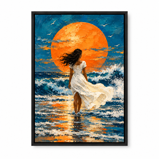 White Dress Woman Orange Sun Seascape — Black Frame finish product view | AUSJOJO