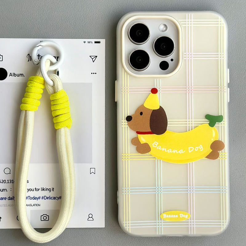 Banana Dog iPhone 16 Pro Max Case – Skin-Textured Anti-Drop Cover with Detachable Strap