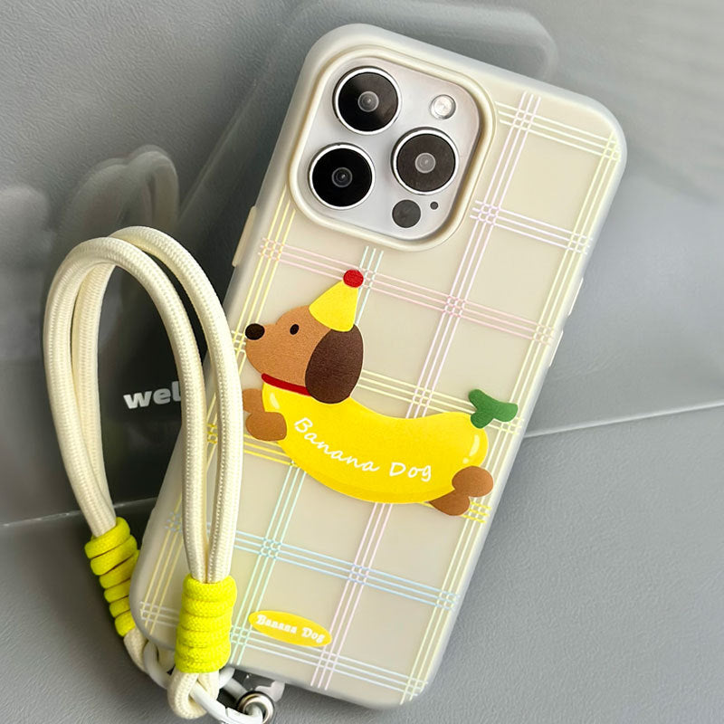Banana Dog iPhone 16 Pro Max Case – Skin-Textured Anti-Drop Cover with Detachable Strap