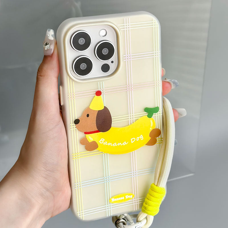 Banana Dog iPhone 16 Pro Max Case – Skin-Textured Anti-Drop Cover with Detachable Strap