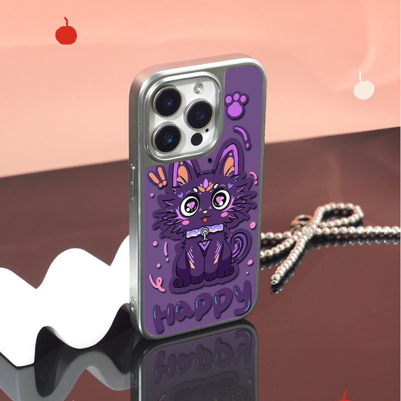 Carbon Fiber iPhone 16 Pro Max Case - Purple Kitten Electroplated Shockproof Cover