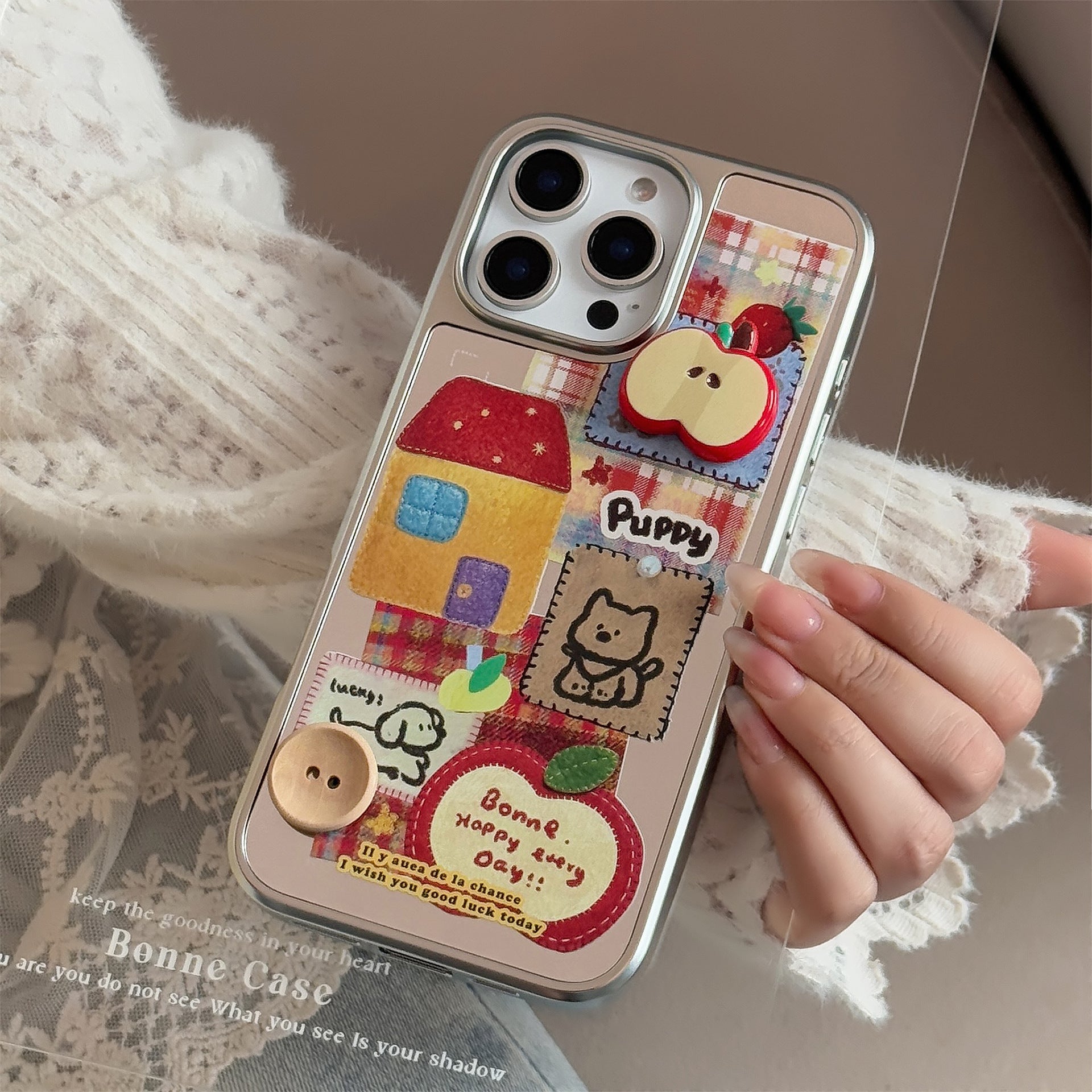 Cute Mirror iPhone 16 Case – 3D Electroplated Cover with Adjustable Strap & Lanyard