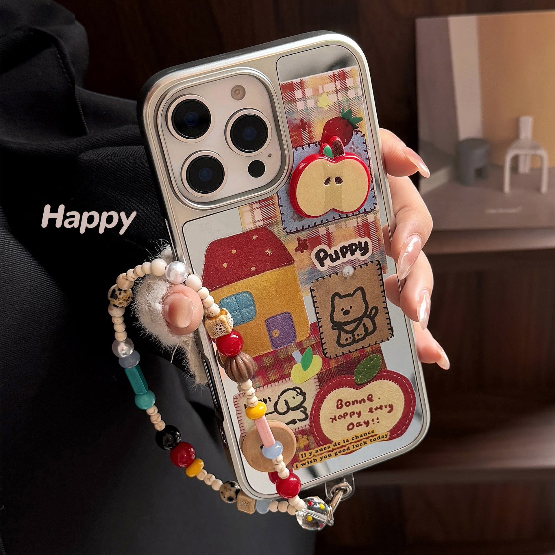 Cute Mirror iPhone 16 Case – 3D Electroplated Cover with Adjustable Strap & Lanyard