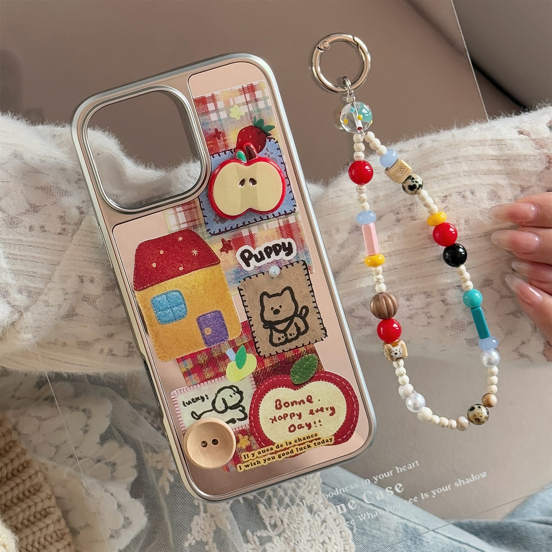 Cute Mirror iPhone 16 Case – 3D Electroplated Cover with Adjustable Strap & Lanyard