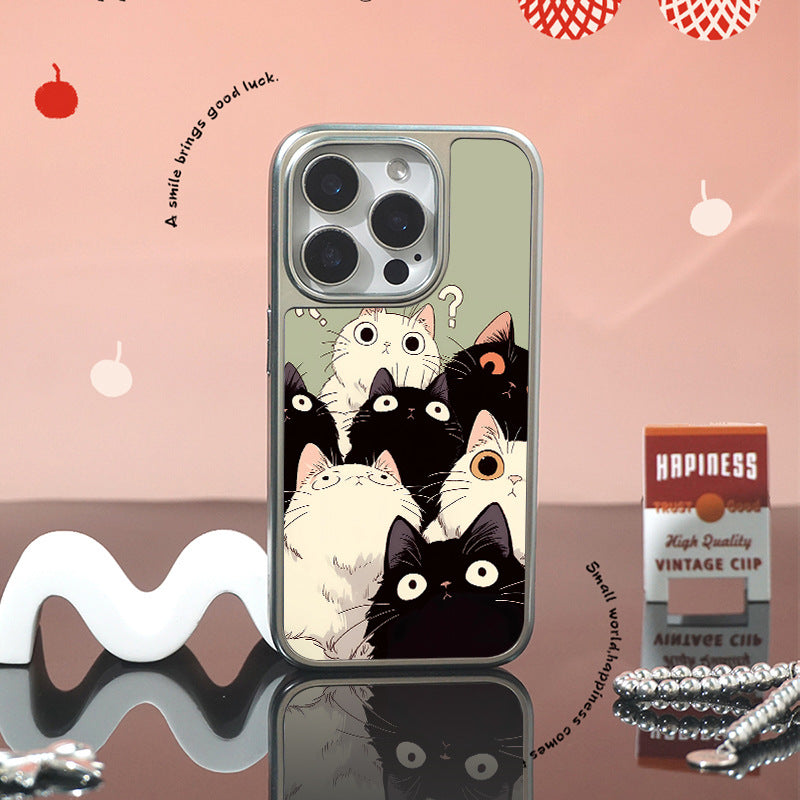 Electroplated Silver iPhone 16 Pro Max Case - Glossy Cat Design & Scratch-Resistant