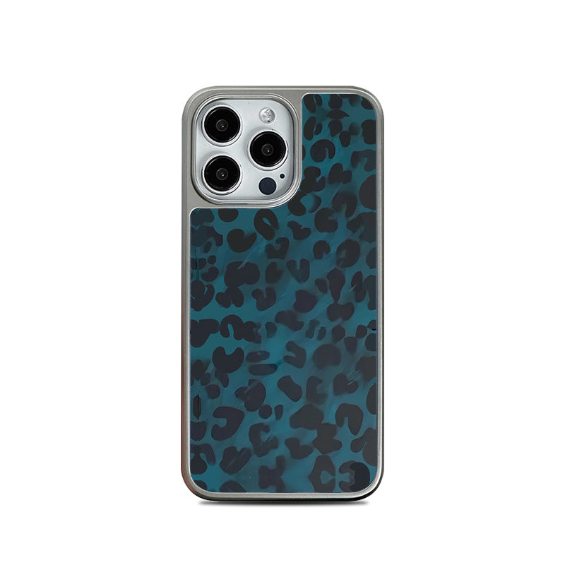 Emerald Green Leopard iPhone 15 Pro Max Case with Silver Electroplated Edges