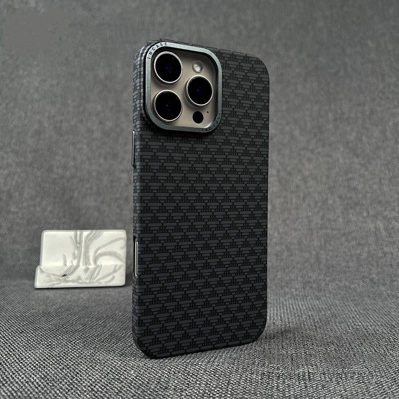 Geometric Carbon Fiber iPhone 16 Case – Magnetic Shockproof Armor with Metal Camera Frame