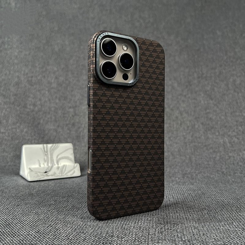 Geometric Carbon Fiber iPhone 16 Case – Magnetic Shockproof Armor with Metal Camera Frame