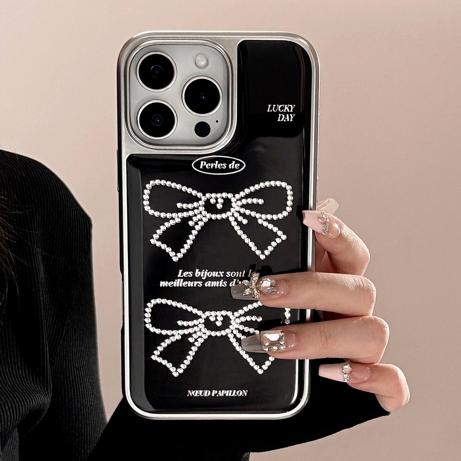 Gold Foil Bow Glitter iPhone 15 Pro Max Case – Slim Shockproof TPU Cover with 3D Buttons