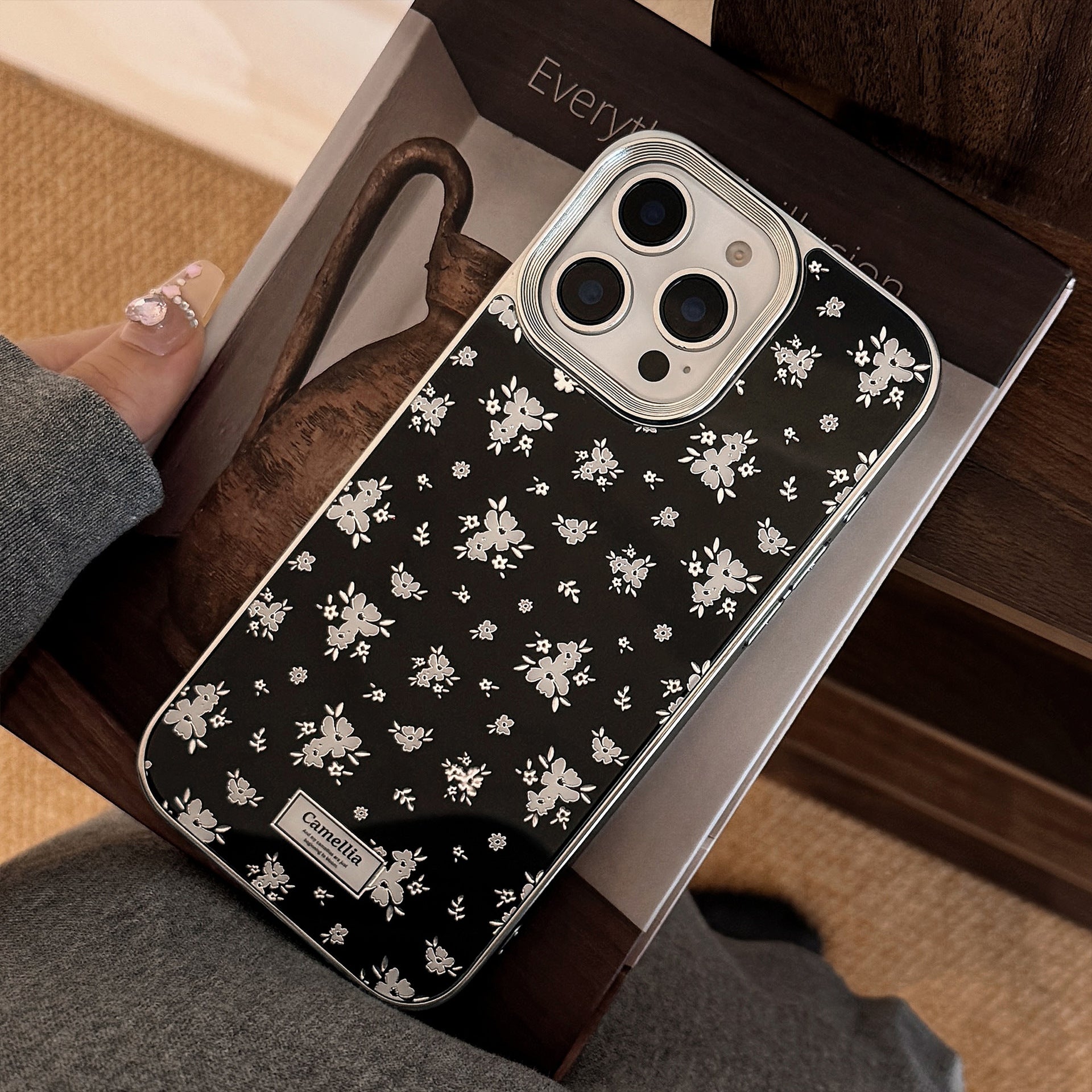 Gothic Flower iPhone 15 Pro Max Case – Silver Electroplated Dark Botanical Cover