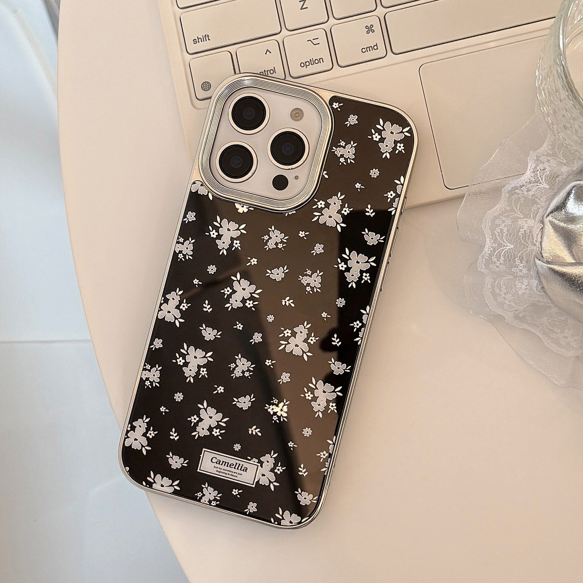 Gothic Flower iPhone 15 Pro Max Case – Silver Electroplated Dark Botanical Cover