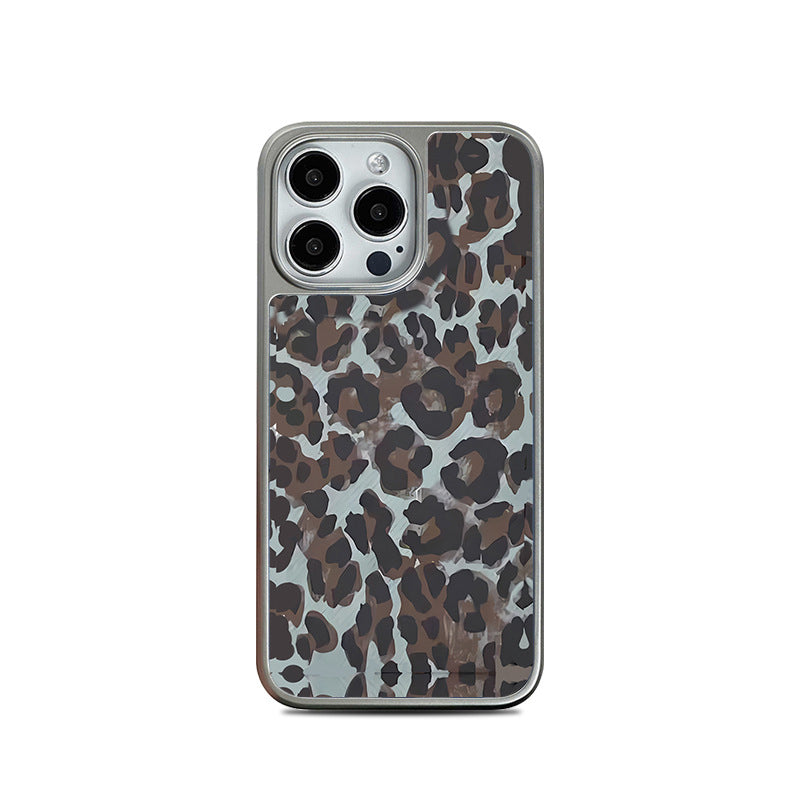 Graphite Gray Leopard iPhone 14 Pro Max Case with Electroplated Silver