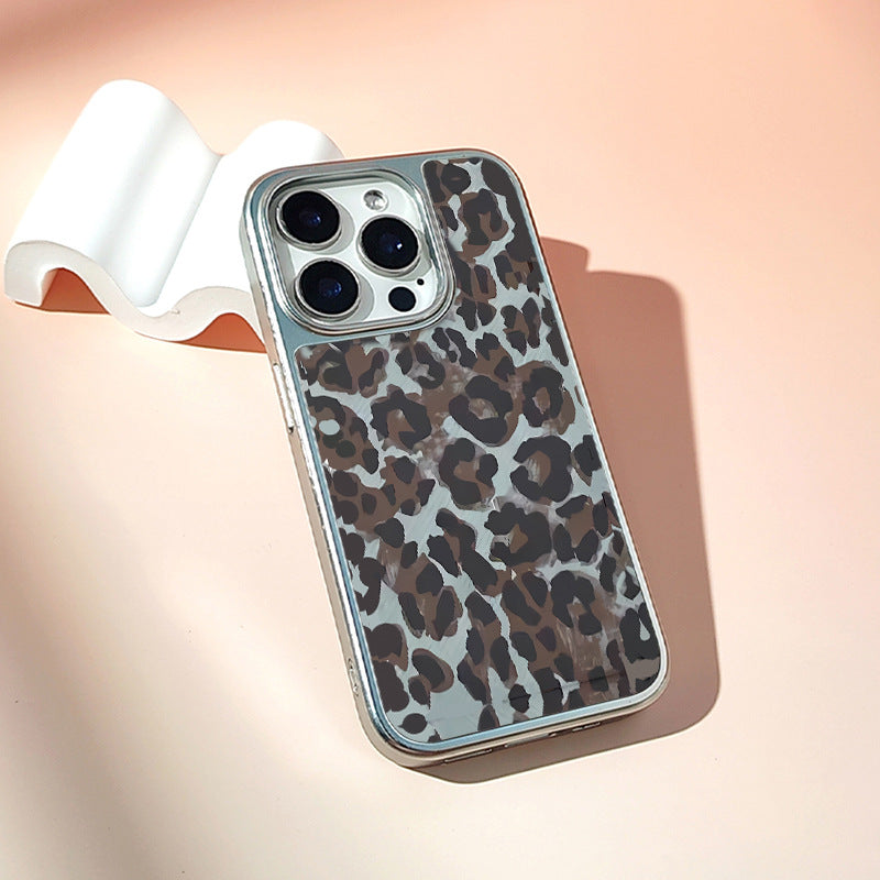 Graphite Leopard iPhone 14 Pro Max Case – Frosted Crystal Ceramic Armor with Electroplated Silver Edges