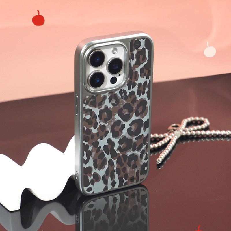 Graphite Leopard iPhone 14 Pro Max Case – Frosted Crystal Ceramic Armor with Electroplated Silver Edges