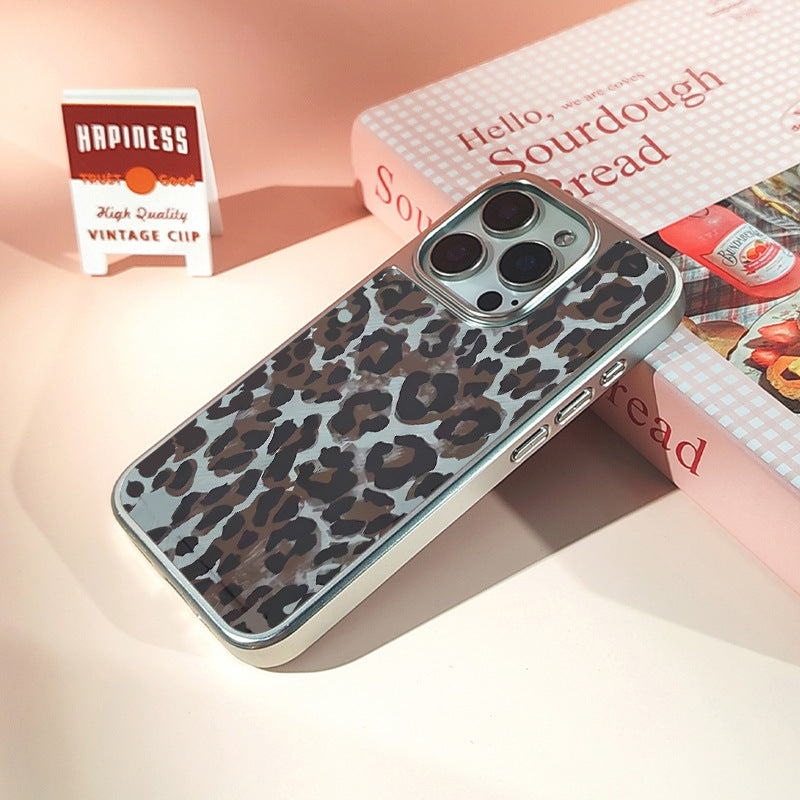 Graphite Leopard iPhone 14 Pro Max Case – Frosted Crystal Ceramic Armor with Electroplated Silver Edges