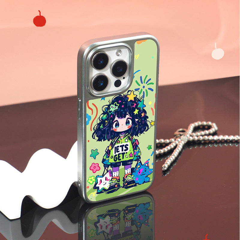 Green Graffiti Girl Electroplated Silver Frosted Crystal Case for iPhone 15 Pro Max