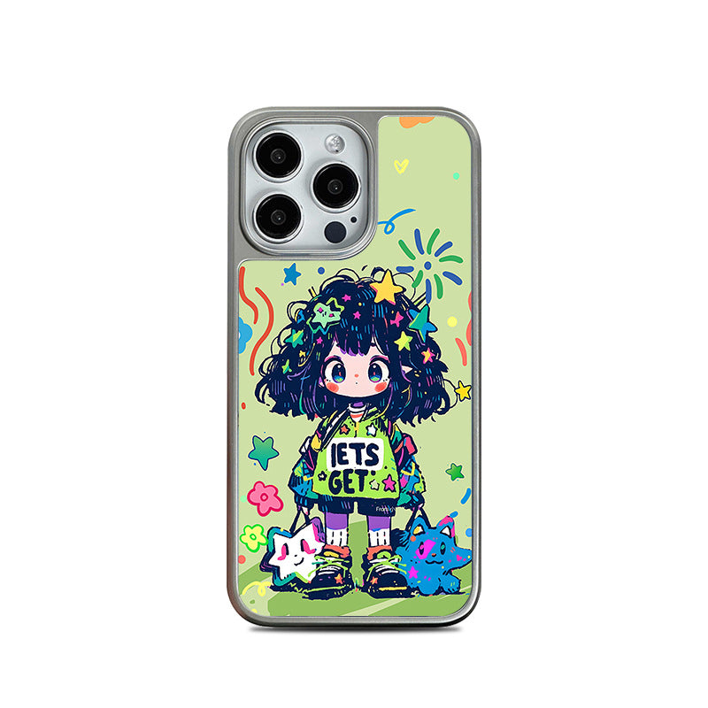 Green Graffiti Girl Electroplated Silver Frosted Crystal Case for iPhone 15 Pro Max – Shatterproof Art & Slim Military Protection
