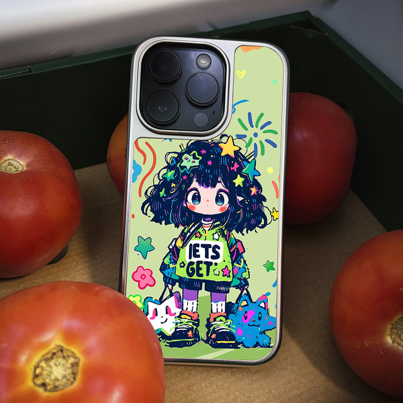 Green Graffiti Girl Electroplated Silver Frosted Crystal Case for iPhone 15 Pro Max