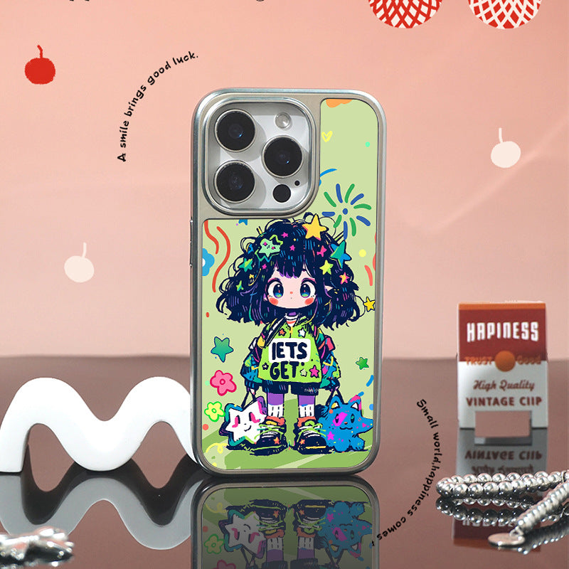 Green Graffiti Girl Electroplated Silver Frosted Crystal Case for iPhone 15 Pro Max