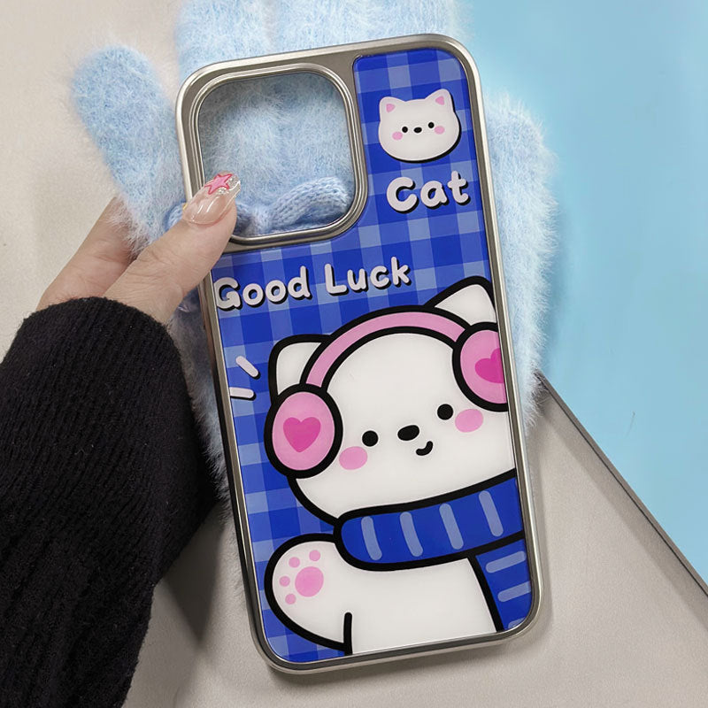 Cartoon Cat iPhone 16 Pro Max Case – Sapphire Epoxy Finish with Platinum Edges & Military Drop Protection