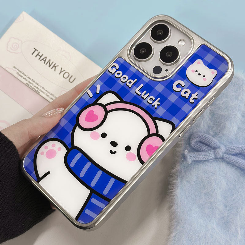Cartoon Cat iPhone 16 Pro Max Case – Sapphire Epoxy Finish with Platinum Edges & Military Drop Protection