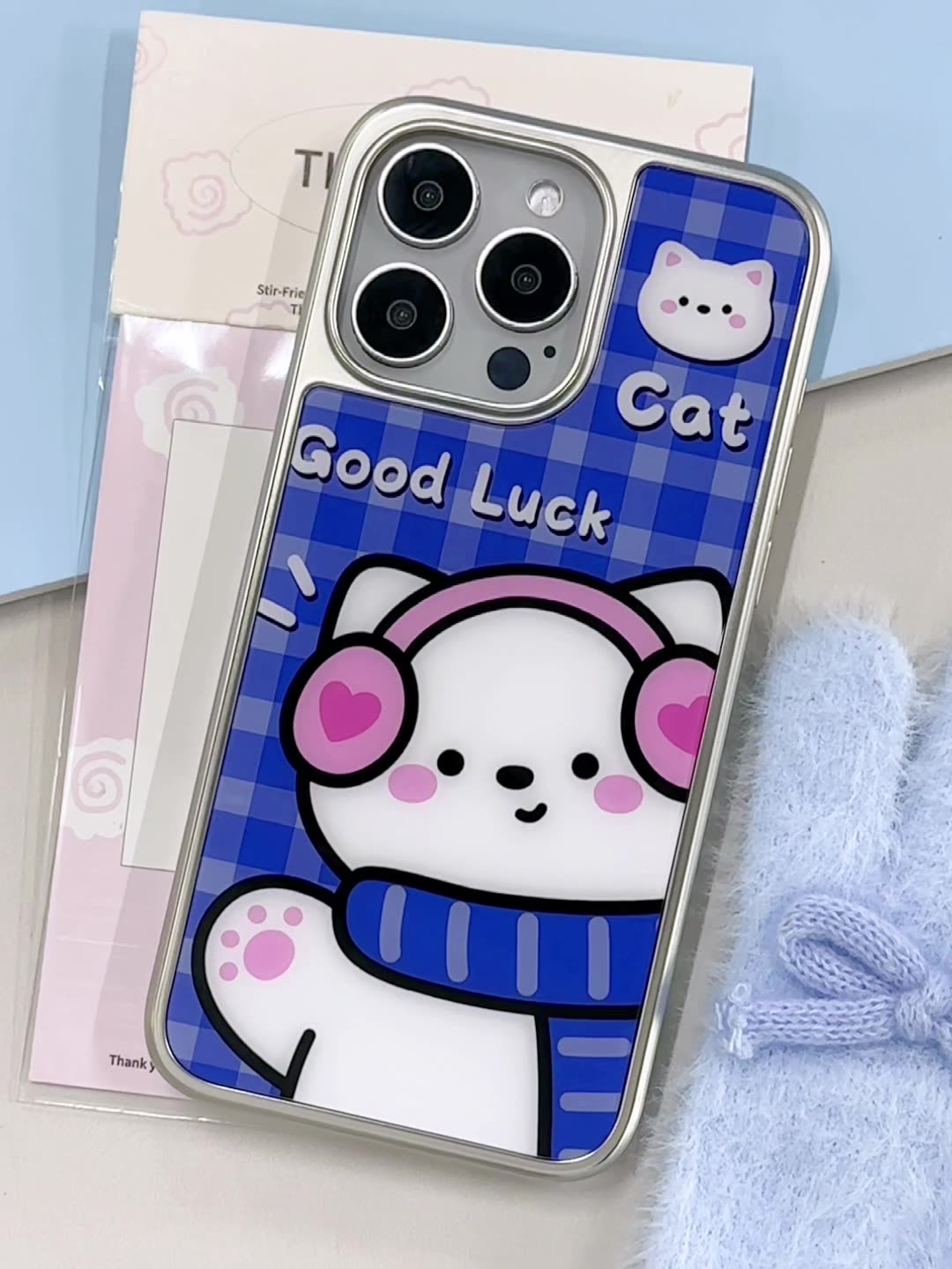 Cartoon Cat iPhone 16 Pro Max Case – Sapphire Epoxy Finish with Platinum Edges & Military Drop Protection