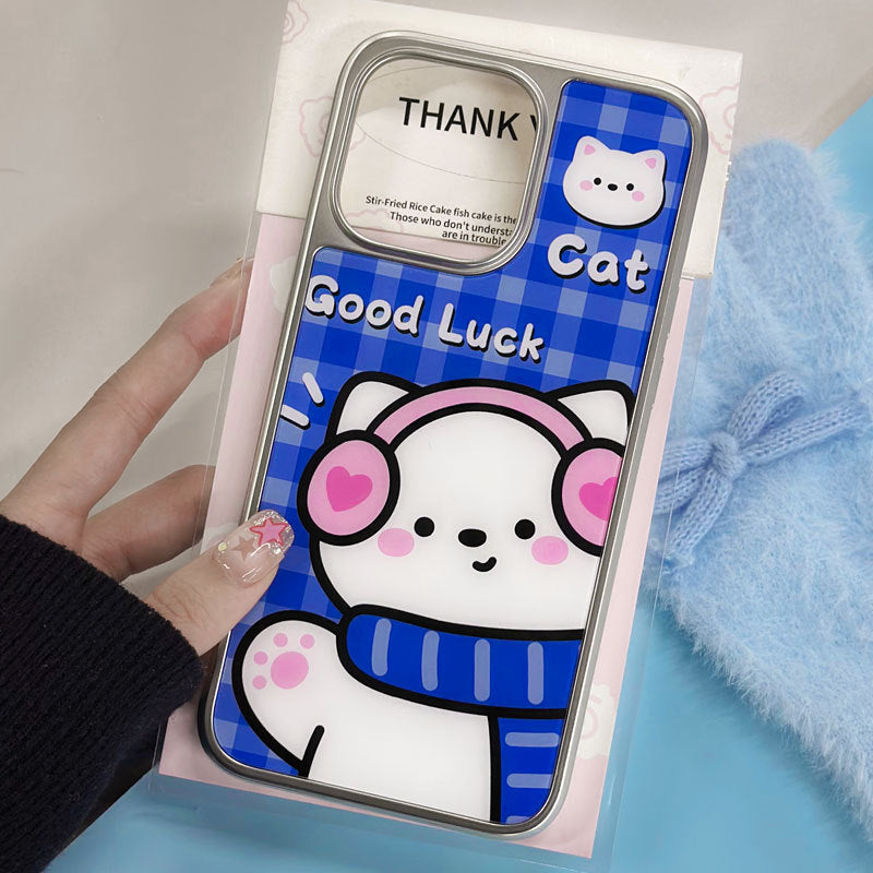 Cartoon Cat iPhone 16 Pro Max Case – Sapphire Epoxy Finish with Platinum Edges & Military Drop Protection