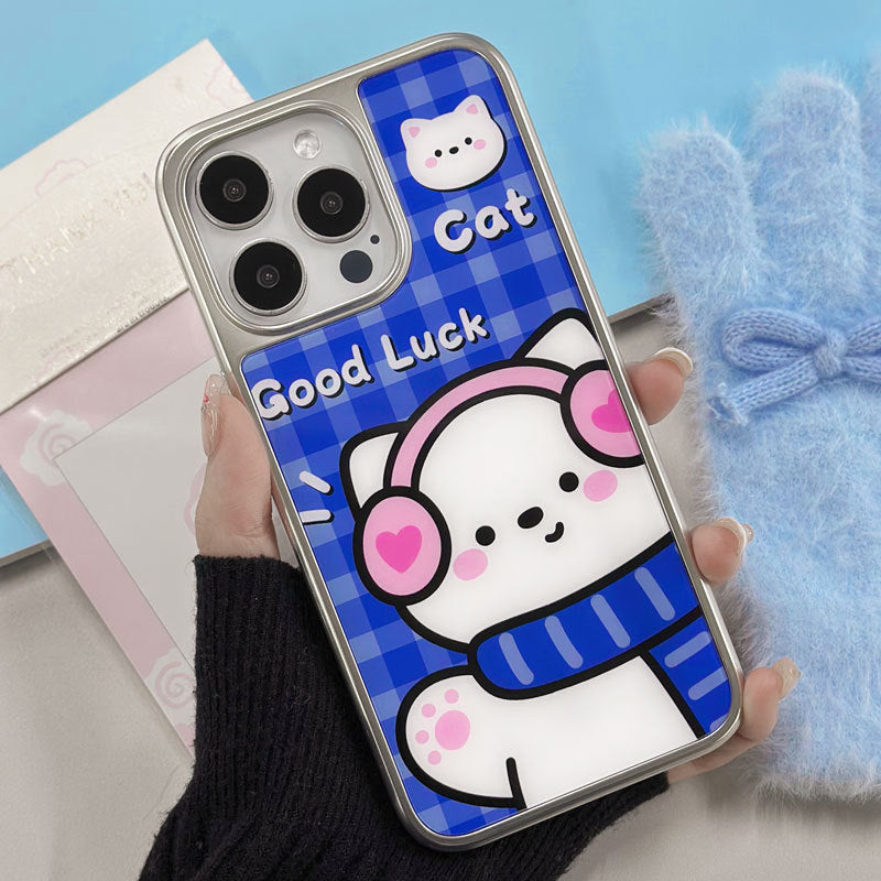 Cartoon Cat iPhone 16 Pro Max Case – Sapphire Epoxy Finish with Platinum Edges & Military Drop Protection