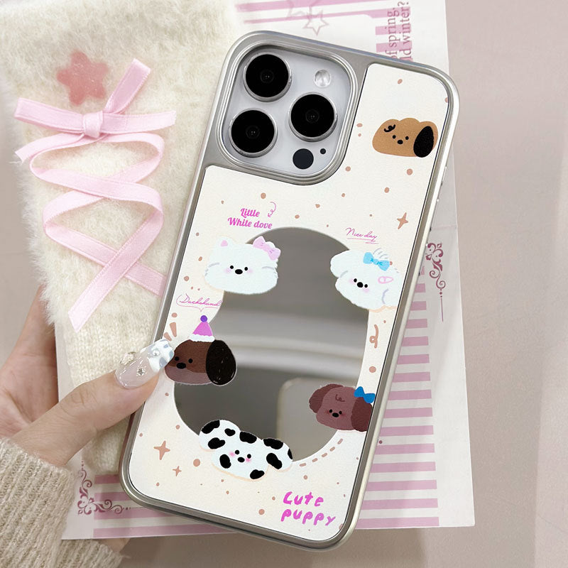 Cartoon Puppy iPhone 15 Pro Max Case – Mirror Finish & Carbon Fiber Texture with Military Protection