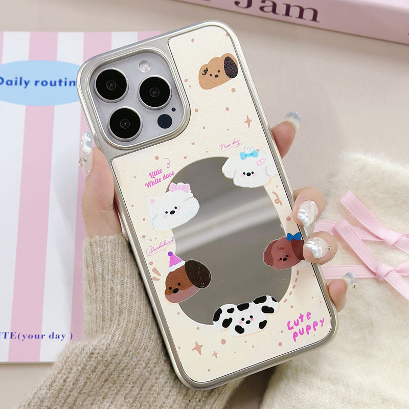 Cartoon Puppy iPhone 15 Pro Max Case – Mirror Finish & Carbon Fiber Texture with Military Protection