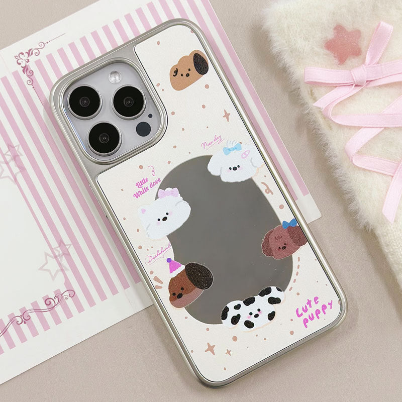 Cartoon Puppy iPhone 15 Pro Max Case – Mirror Finish & Carbon Fiber Texture with Military Protection