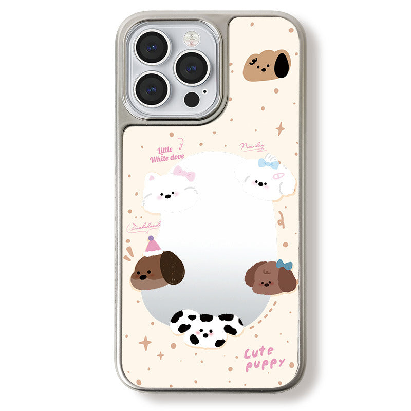 Cartoon Puppy Mirror Case for iPhone 15 Pro Max with Carbon Texture